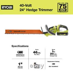 RYOBI Hedge Trimmer Power Tool 40V 24 Cordless With 2.0 Ah Battery + Charger